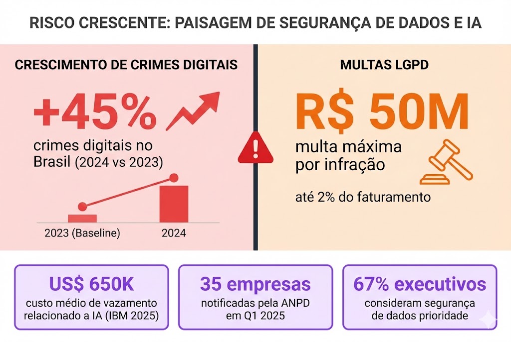 Infográfico mostrando o crescimento de 45% em crimes digitais no Brasil em 2024, com destaque para vazamentos relacionados ao uso de IA generativa sem governança e multas LGPD de até R$ 50 milhões