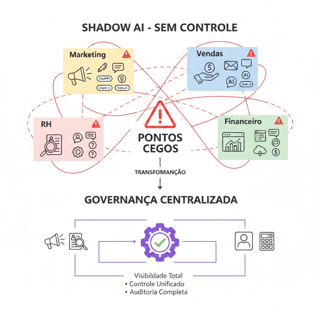 Diagrama mostrando múltiplos departamentos (Marketing, Vendas, RH, Financeiro) usando diferentes ferramentas de IA sem controle centralizado, criando pontos cegos de segurança em shadow IT